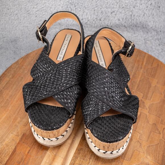 Zara Trafaluc Black Woven Cork Contrast Wedge Platform Sandals Size 37 - Picture 2 of 7